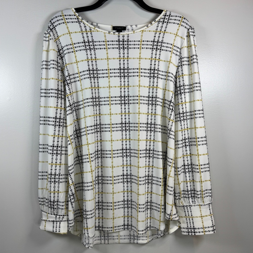 Ann Taylor‎ Factory Blouse Womens L White Black Yellow Plaid Long Sleeve Preppy